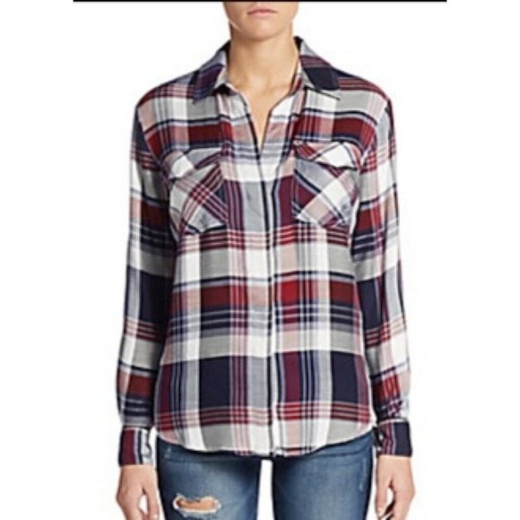 Sam Edelman Womens Riley Button Front Shirt Multicolor Plaid Lace Split Back XS - Picture 2 of 11